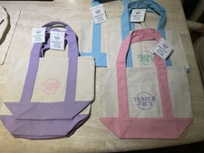 Trader Joe’s Mini Pastel Canvas Tote Bag Lot Of 5 Colors: 2 Purple,2 Blue 1 Pink