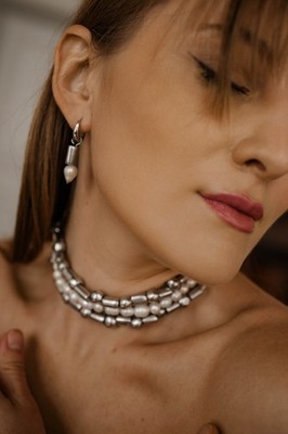 handmade pearl neklace set, stainless steel jewelry set, pearl earrings necklace