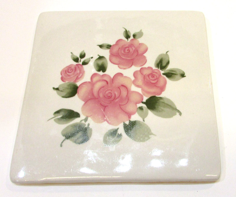 Vintage 1980's Pink Floral w Green on Eggshell White 6" Square Porcelain Trivet
