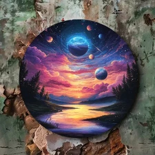 Vintage Planet Sunset Lake Scene Metal Sign