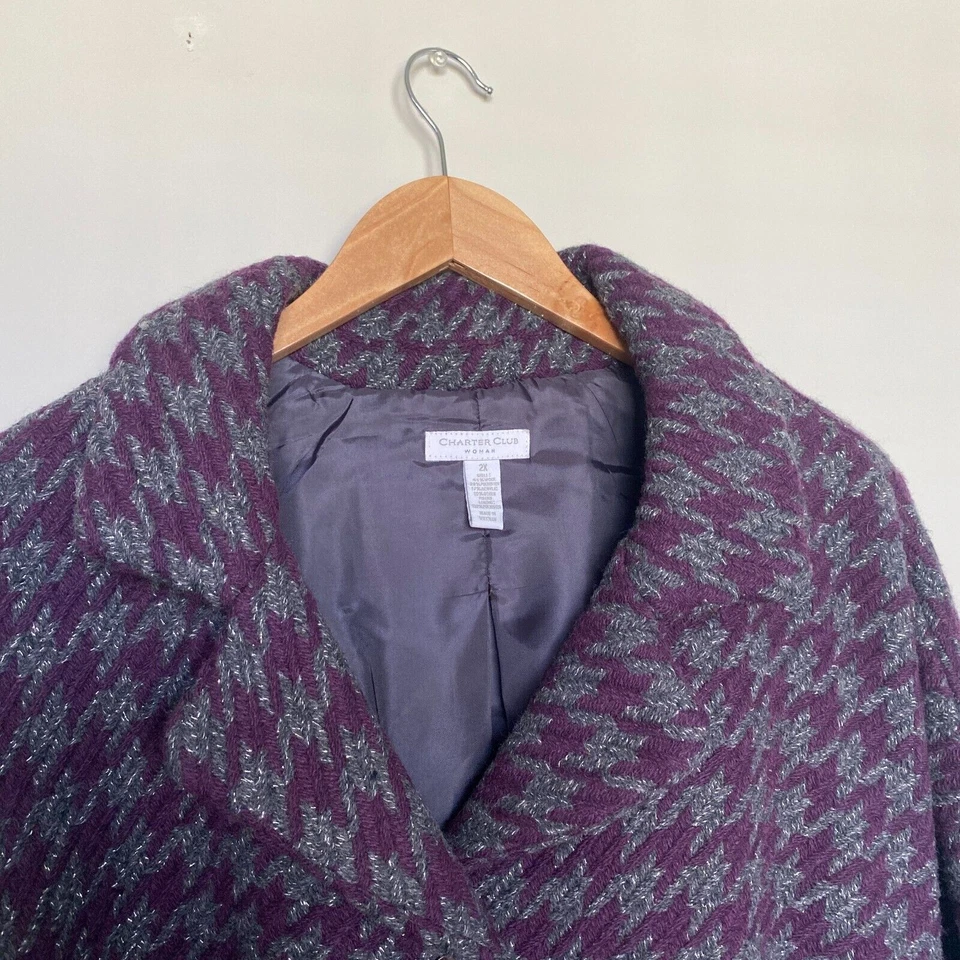 Abrigo Charter Club Mujer Talla 2X Púrpura Mezcla Lana Pata de Gallo Metálico Abstracto Foto 3 de 4