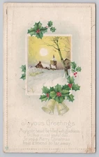 Vintage Embossed Christmas Postcard with Holly and Bells, 1910