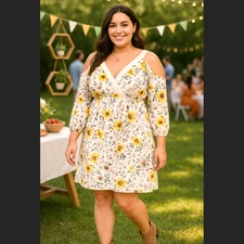 Torrid Floral Skater Dress Size 0X LARGE 12 Ivory Cold Shoulder Gauze Boho Fall