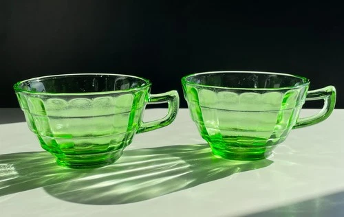 Anchor Hocking Glass Block Optic Uranium Green Depression Glass Cup Set of 2