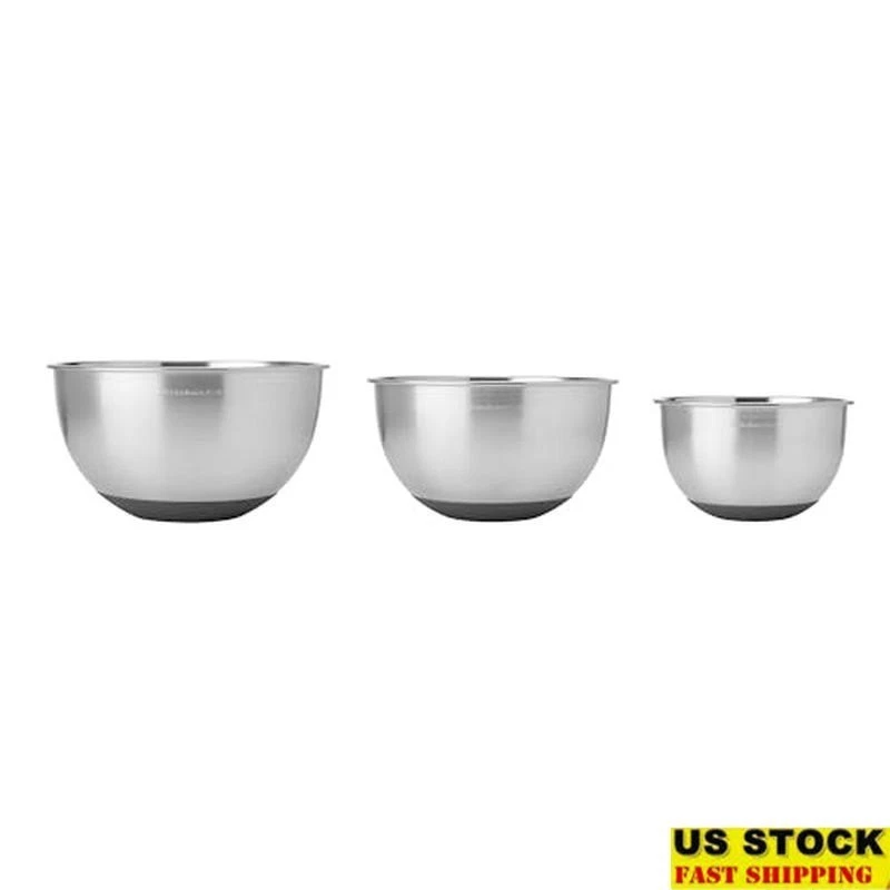 Stainless Steel Mixing Bowls Set 3 Durable NonSlip Easy Storage Kitchen Prep New