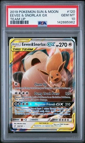 2019 POKEMON SUN & MOON TEAM UP #120 EEVEE & SNORLAX GX TEAM UP PSA 10