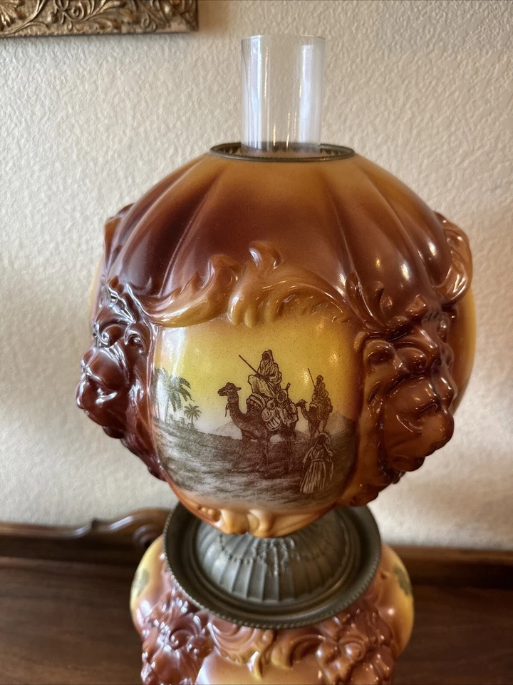 Vintage Antique Fostoria Oil Lamp Consolidated Lions Head Arabian Safari GWTW - Image 3 of 4