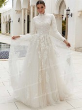 High Neck A Line Wedding Dress Lace Long Sleeve Court Train Wedding Gown