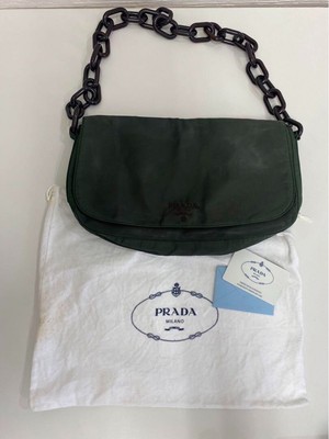 PRADA Nylon Chain Mini Shoulder Bag Khaki Used