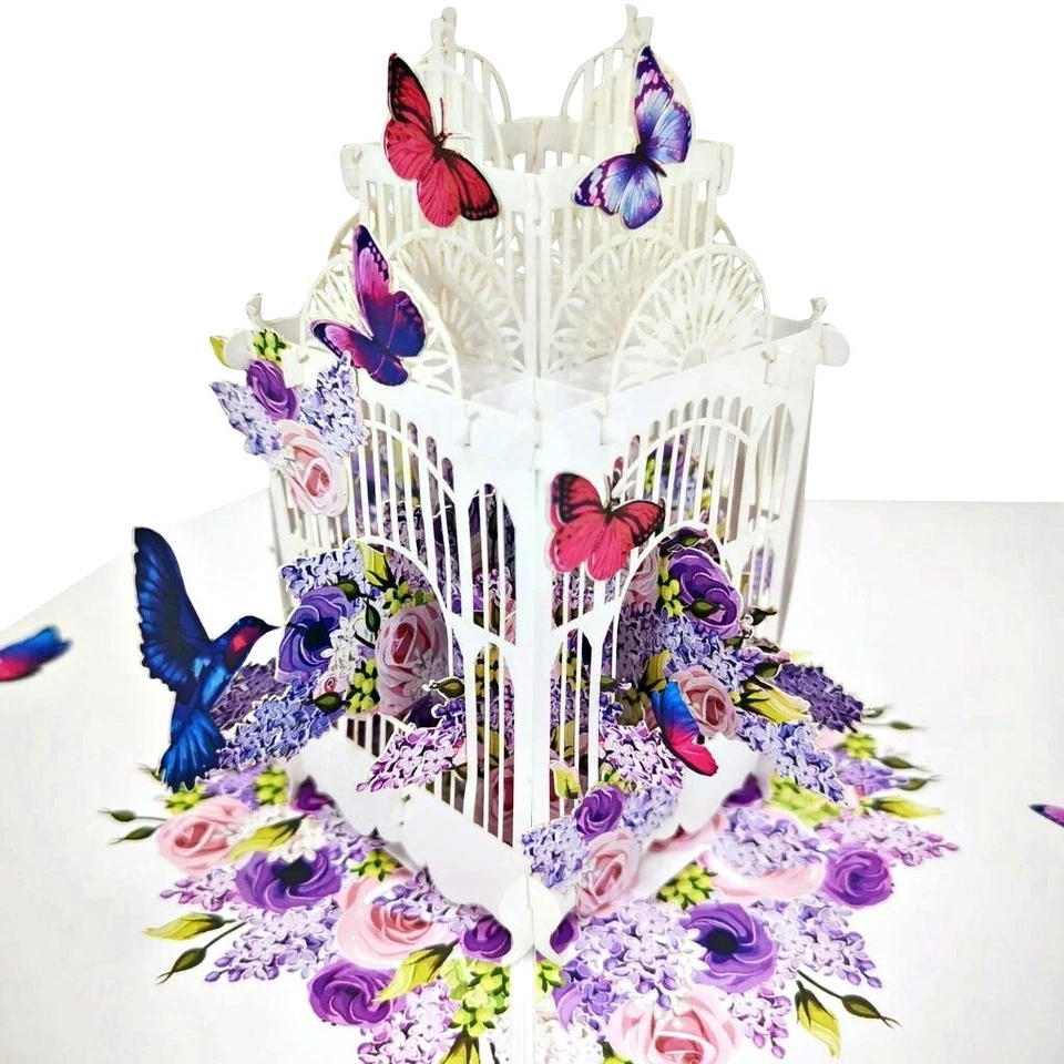 Tarjeta de felicitación emergente Gazebo flor púrpura mariposas - diseño hecho a mano en 3D Foto 2 de 4