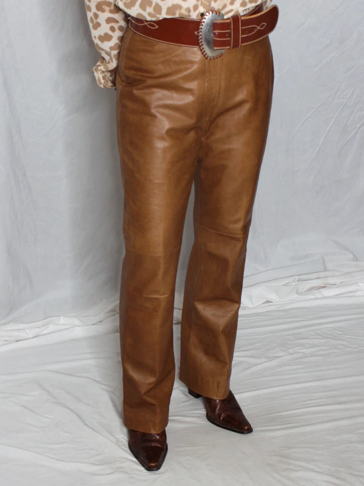 Pantalones de cuero para mujer marrón tostado 6 SUAVE piel de cordero Isda & Co Mob Wife pantalones raros Foto 3 de 4