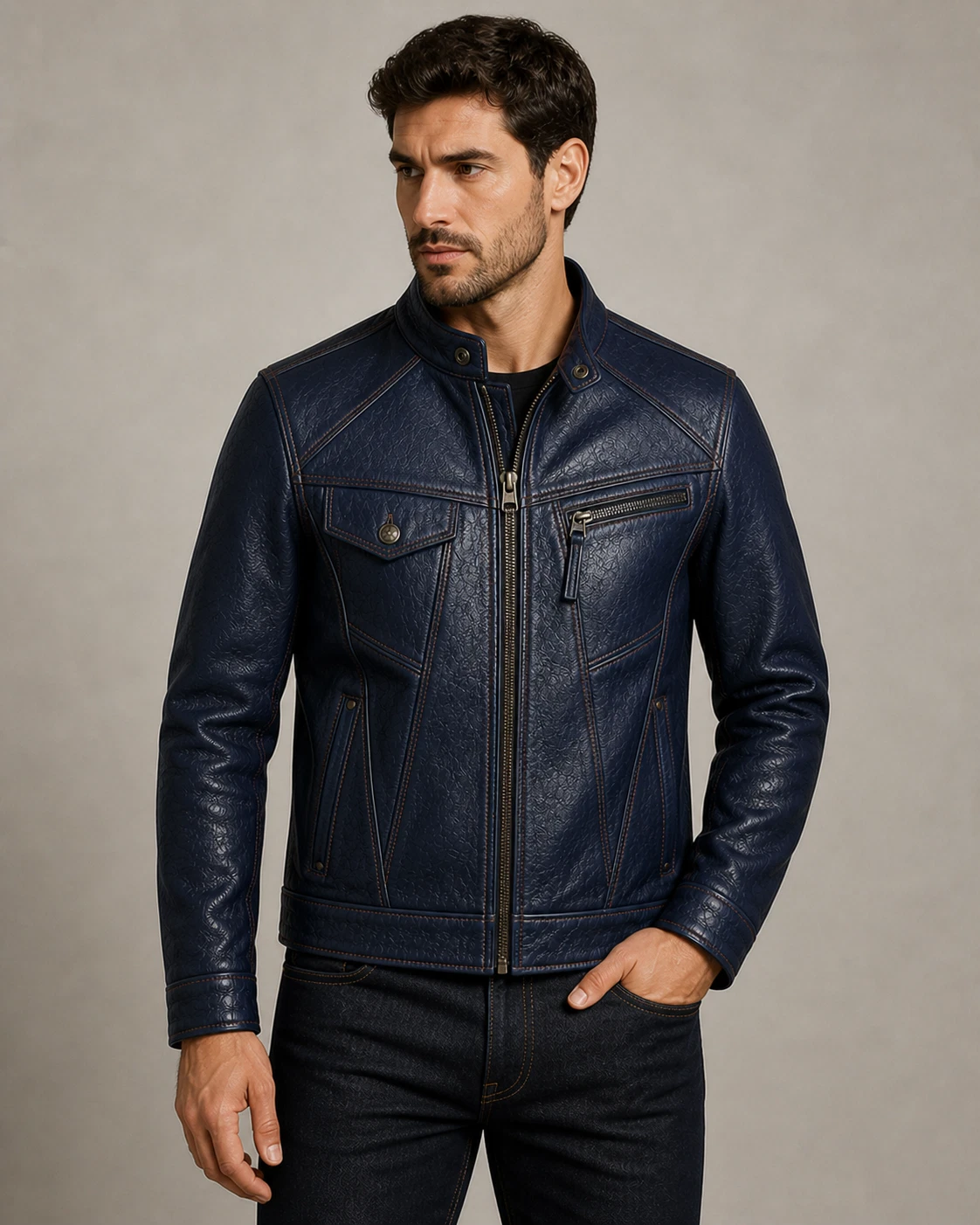 Men’s Navy Blue Real Leather Trucker Jacket Contrast Stitch Biker Style Slim Fit