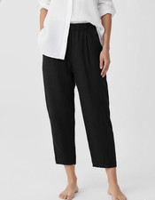 NWT Eileen Fisher Organic Linen Cropped Lantern in Black Pull-on Pants L