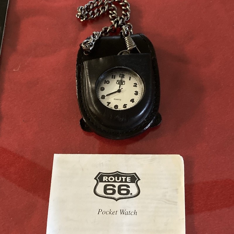 Route 66 Quartz Pocket Watch w/ Chain, Tin Box & Manual, White Dial Open Face