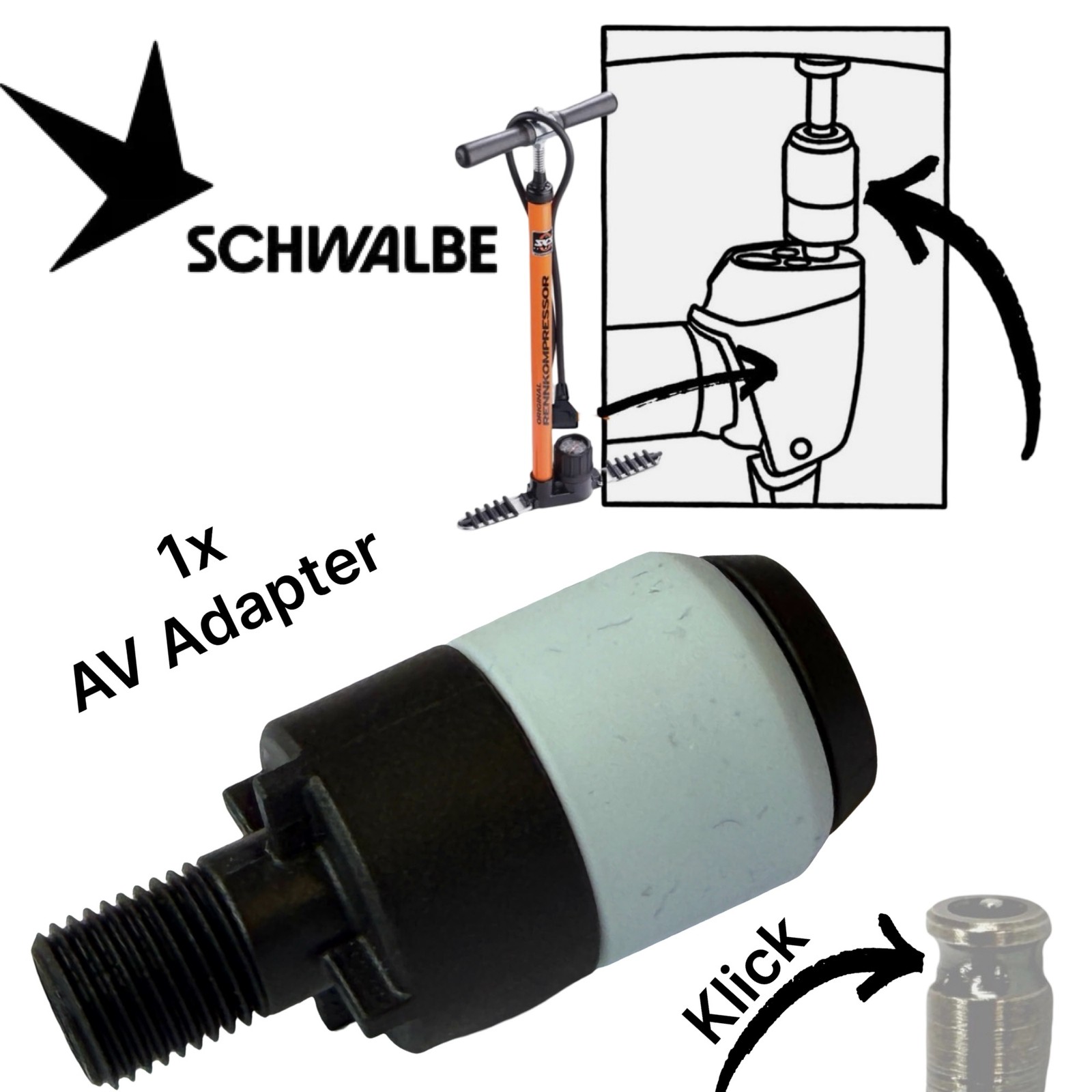 Schwalbe Fahrrad SCV Clik Valve System Ventil Pumpen Adapter AV Anschluss