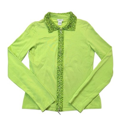 Cache Y2K Lime Silk Blend Beaded Zip Cardigan Sweater L