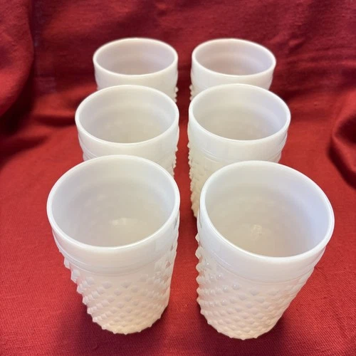 Vintage English Hobnail Milk Glass Flat Tumblers 10 oz Set of 6