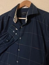 Bugatchi Shirt Mens Large Navy Classic Fit Windowpane Button Front Cotton