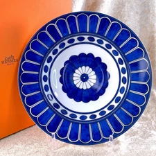Hermes Bleus D'Ailleurs Soup Deep Plate Tableware 24 cm with Box