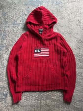 Polo Ralph Lauren Vintage Big Logo Flag Knitted Hooded Sweater Size M