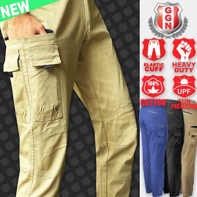 Mens Cargo Pants Work Trousers Stretch Cotton Elastic Cuff Relax Leg Belt Loop