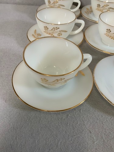 Vintage 7 Federal Glass Meadow Gold Cup & Saucer Milk Glass Gold Trim Heat Proof - Picture 2 of 13