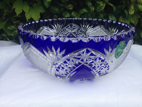 VINTAGE BOHEMIA TRADITIONAL DECOR COBALT BLUE 24% LEAD CRYSTAL ROUND BOWL 8" - Picture 2 of 9