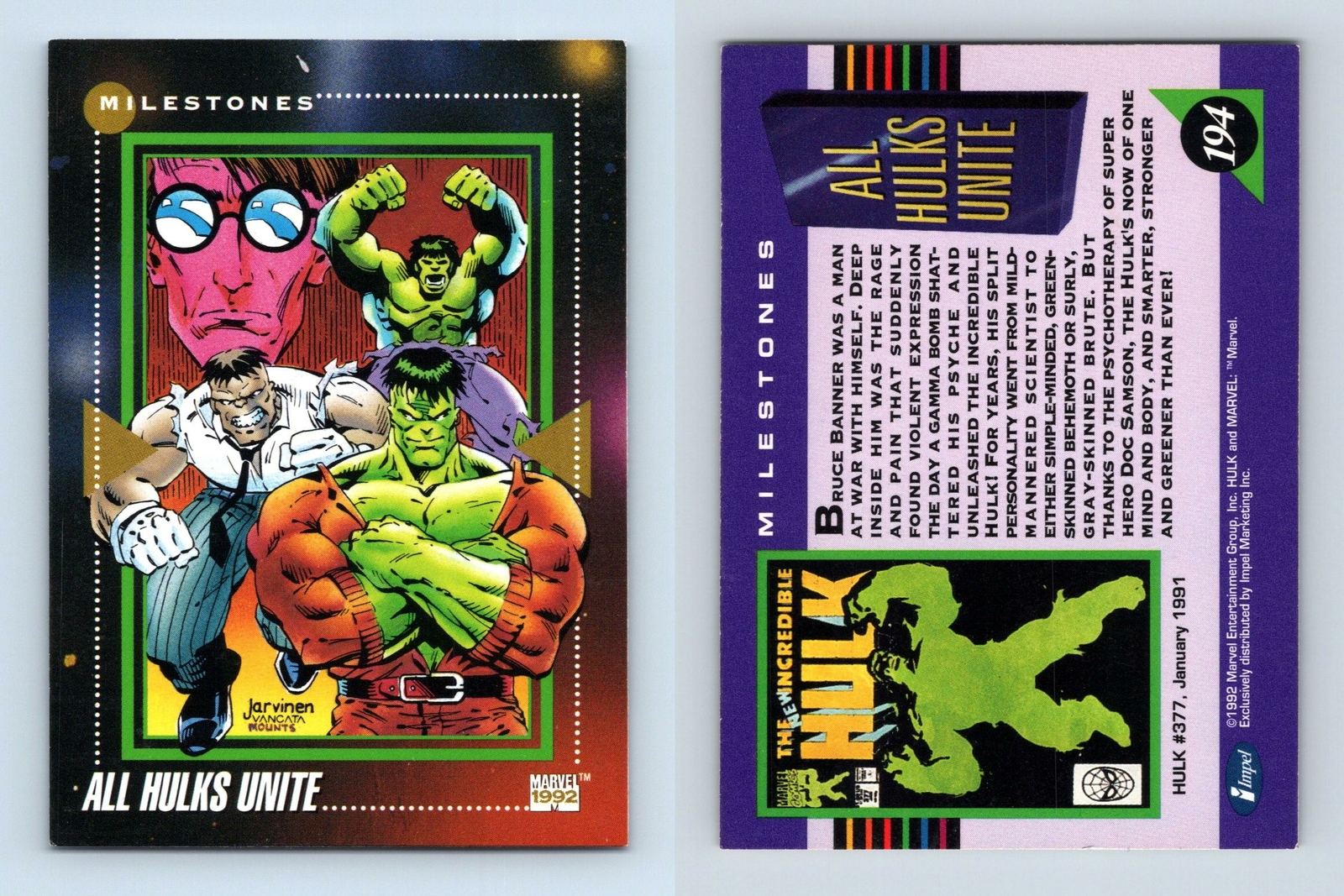 1992 HULK MARVEL CARD For Sale - MAVIN
