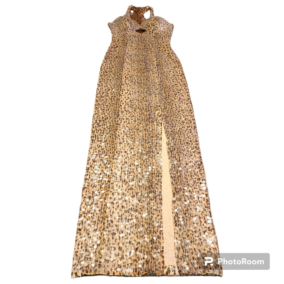 CASSANDRA STONE VTG Y2K Leopard Dress Halter Sz 2 Full Sequined High Slit Flaw