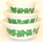 Vintage Hazel Atlas 3 Pc White Milk Glass Green Ivy Leaf Nesting Mixing Bowl Set
