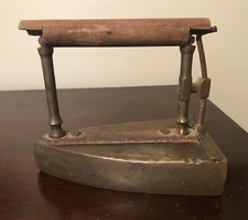 Vintage Antique Brass Slug Box Sad Iron Flat Iron w/ Wooden Handle