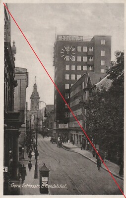 Postcard Gera Castle Street and Trading Court with City Bank 1931