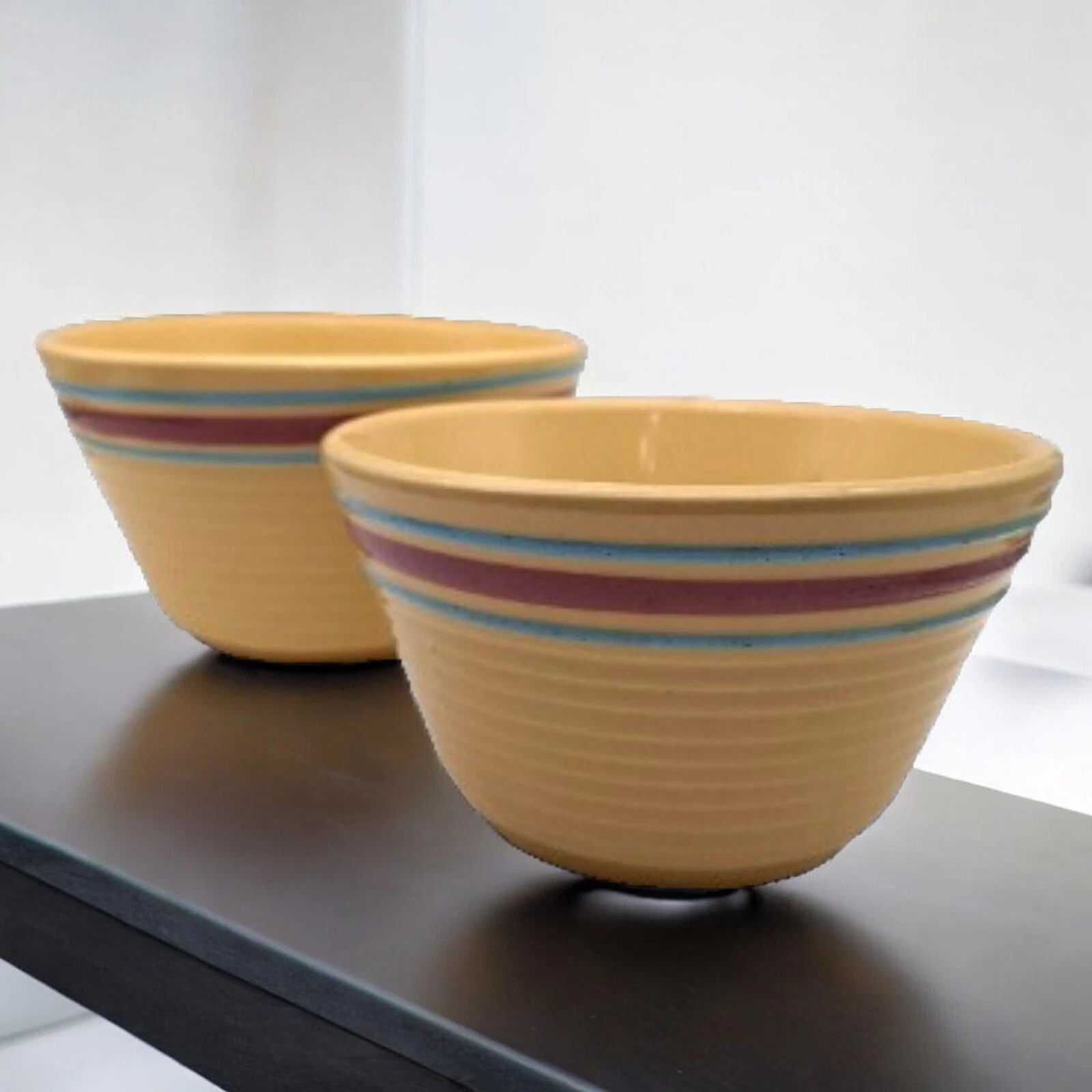 2 Yellow Mixing Bowls Watt Ovenware #7 And #8 Stoneware Pink Blue Stripe