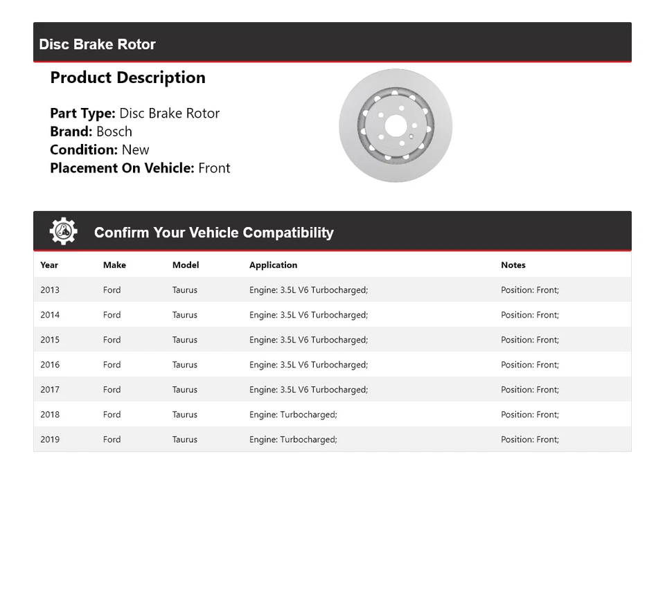 Rotor de freno de disco delantero QuietCast para Ford Taurus Bosch 2013-2019 2014 2015 2016 Foto 2 de 4