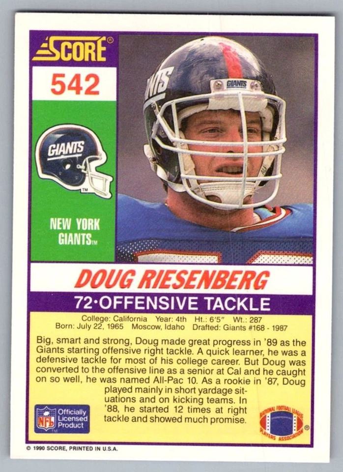 1990 Score Doug Riesenberg Rookie New York Giants #542 - Image 2 of 2