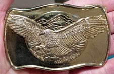BELT BUCKLE: Gold Finish EAGLE w Wings Spread Mountain, Unbranded, VG Cond