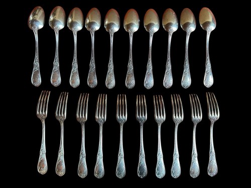 Ménagère 20 Couverts Métal Argenté Décor Fleur Ancien Vintage France Poinçon XXe - Foto 4 di 7