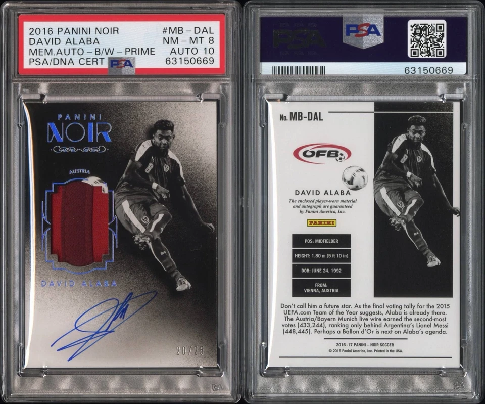 DAVID ALABA 2016-17 Panini Noir B&W Patch Autograph Prime 20/25 PSA 8 Auto 10 - Image 3 of 3