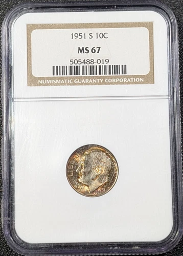 1951-S Roosevelt Silver Dime - NGC MS67 - STUNNING BEAUTIFUL TONING Ships Free!