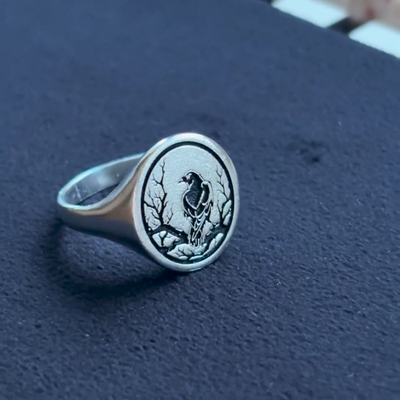 Sacred Raven Bird Signet Ring 925 Sterling Silver Gothic