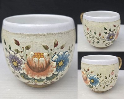Floral Crackle Glaze Ceramic Mug  Gold Handle Hand Painted Shabby Chic Folk Art