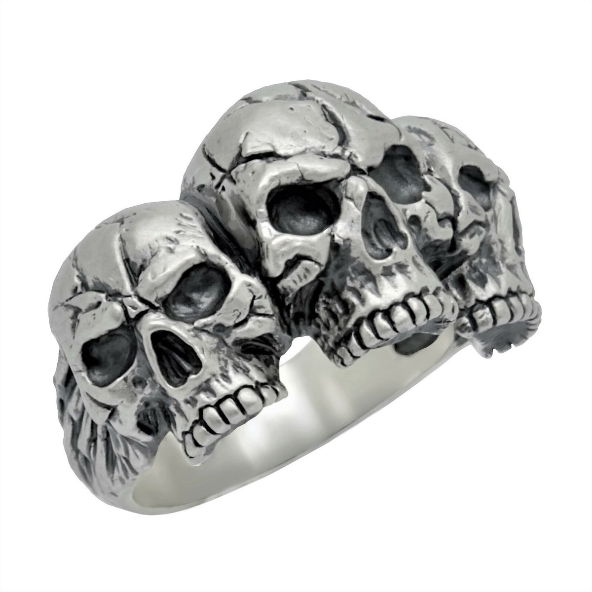 Skull Heads Band Ring Sterling Silver 925 Handmade Memento Mori Mens Biker