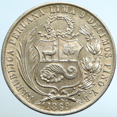1869 PERU South America LIBERTY Antique Genuine Silver SOL