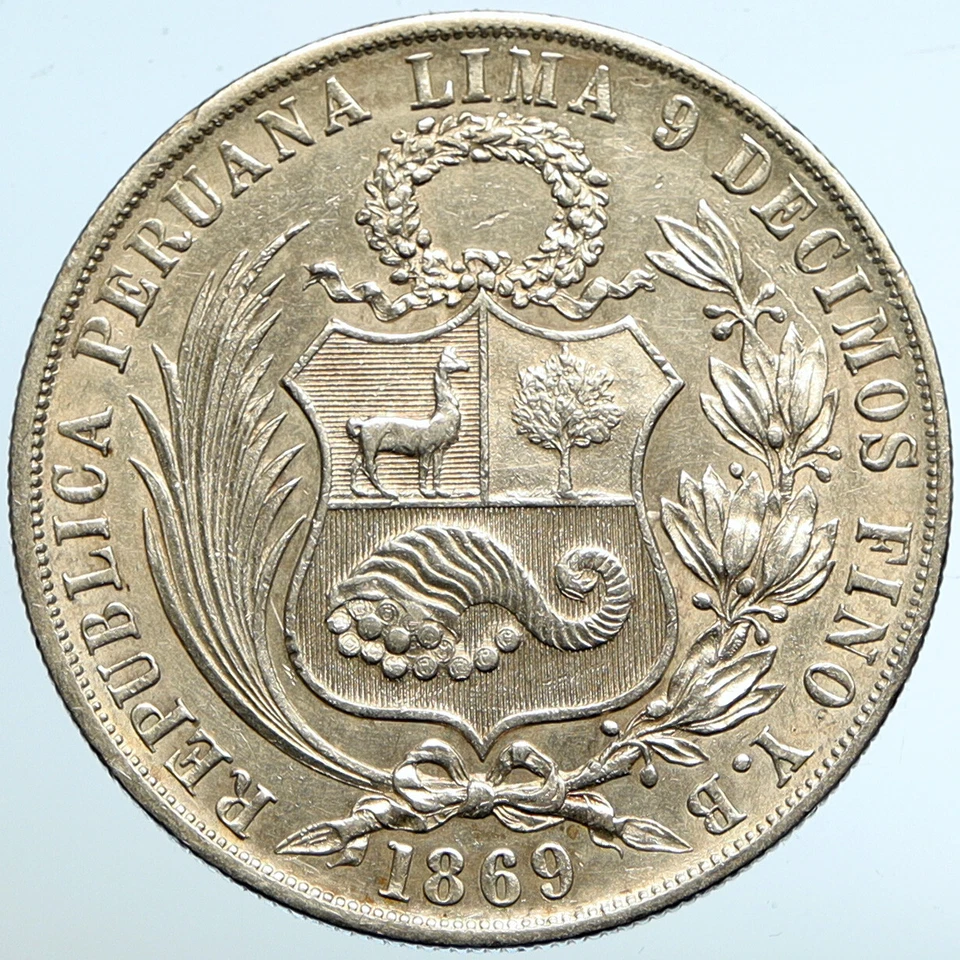 1869 PERU South America LIBERTY Antique Genuine Silver SOL Peruvian Coin i102615 - Image 2 of 3