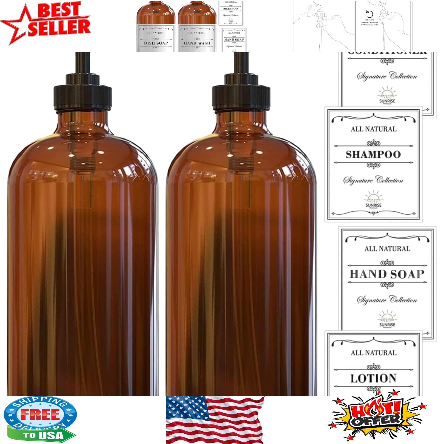 Stylish 2 Pack Amber Glass Soap Dispenser Set with Plastic Pump & Labels – 16 Oz