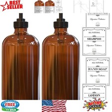 Stylish 2 Pack Amber Glass Soap Dispenser Set with Plastic Pump  Labels   16 Oz