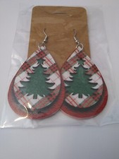 CHRISTMAS PLAID W CHRISTMAS TREE PU LEATHER DOUBLE SIDED FISHHOOK STYLE EARRINGS