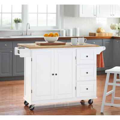 White Kitchen Cart Rolling Island Cabinet - Natural Finish Wood Top Drop Leaf