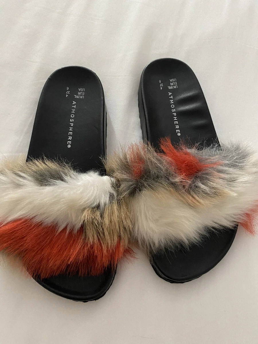 Primark Black White Red Faux Fur Sliders Open Toe Slip On Sandals UK 4