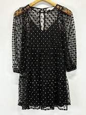 LOFT Shimmer Dot Tiered Swing Dress XXSP Petite sheer Black Gold Polka Dot Liner